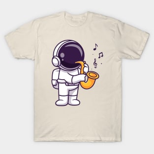 Cute Astronaut Playing Saxophone Music Cartoon T-Shirt